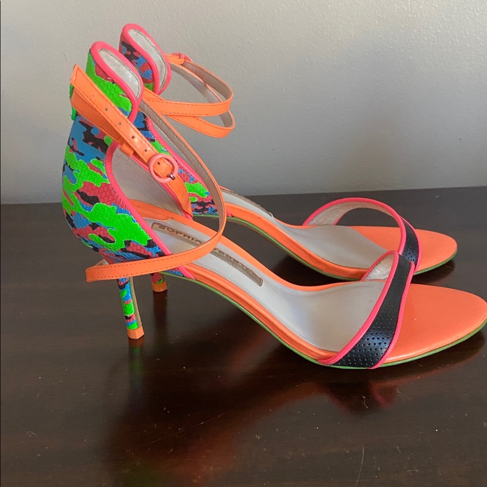 Sophia Webster Neon Orange Pink Green Mixed-Print Ankle-Strap Heels - Picture 4 of 9
